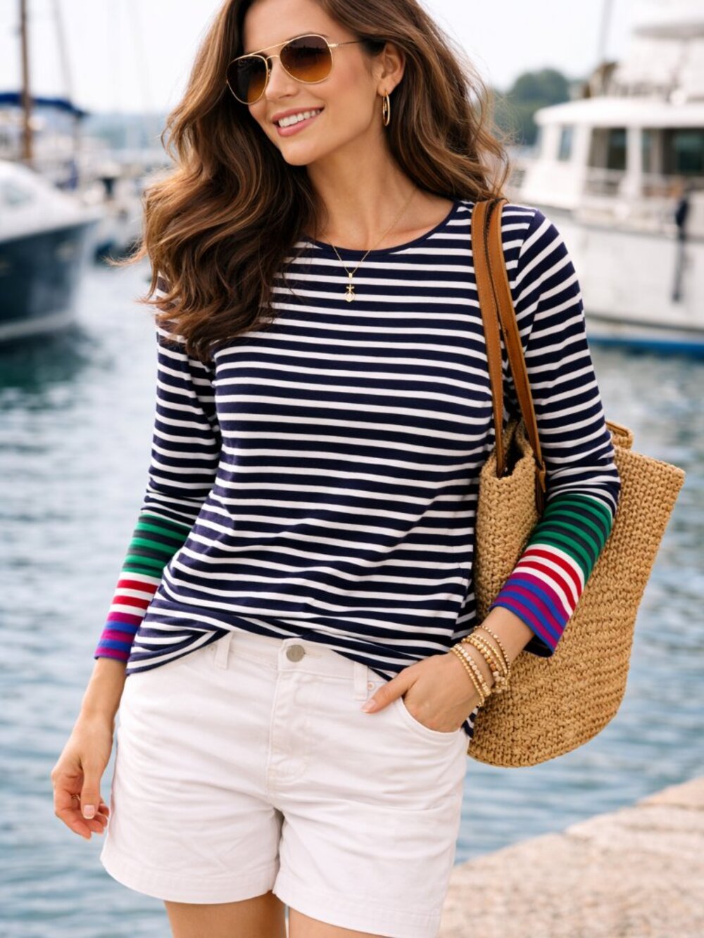 Boden Navy White Striped Long‎ Sleeve Cotton Tee Rainbow Cuff US 8 T1659